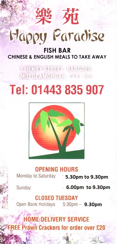 Menu of Happy Paradise, Chinese takeaway in Bargoed