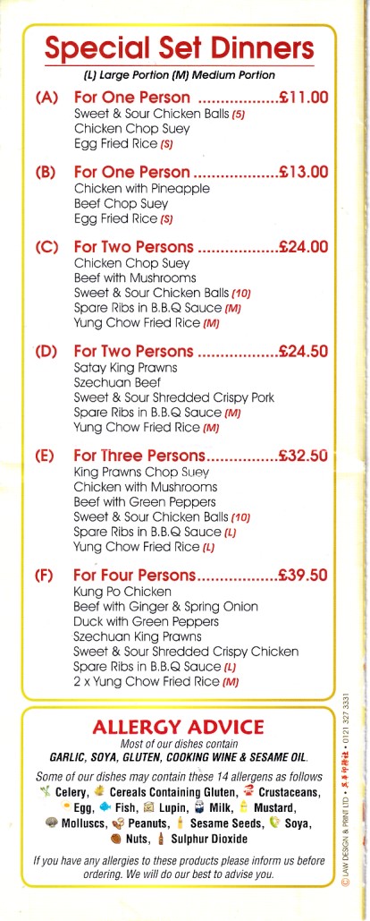 Menu of Lung Wah, Chinese Takeaway in Gilfach, Bargoed