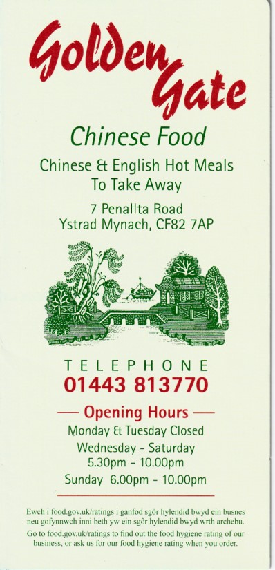 Menu of Golden Gate, Chinese Takeaway in Ystrad Mynach