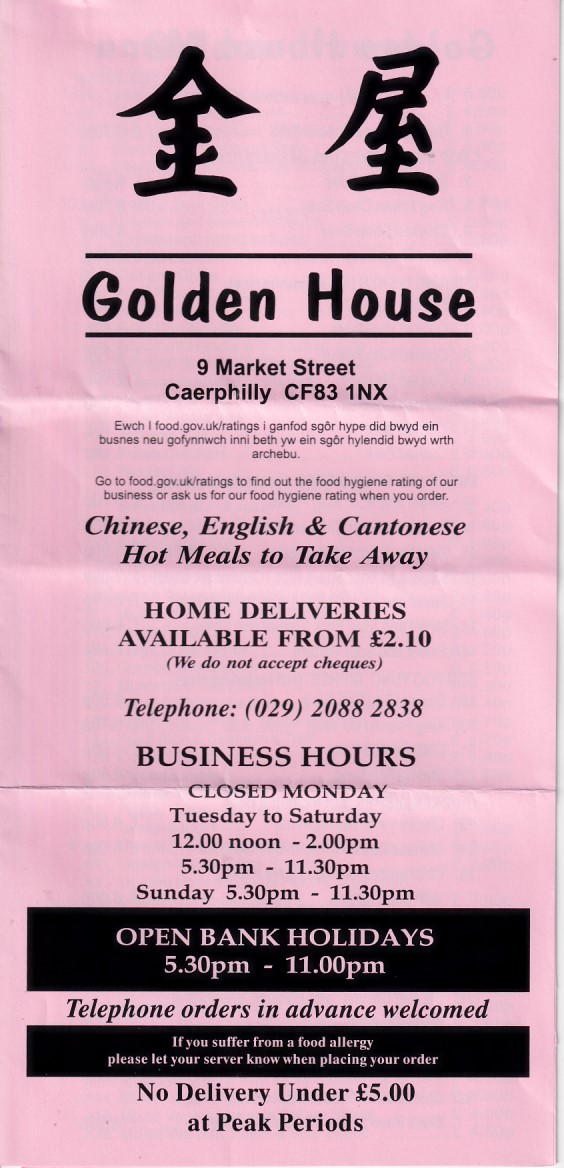 Menu of Golden House, Chinese Takeaway in Caerphilly