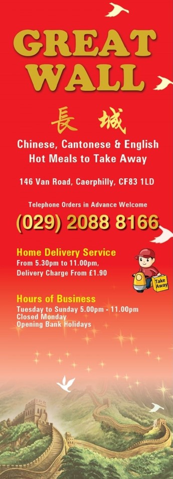 Menu of Great Wall, Chinese Takeaway in Caerphilly