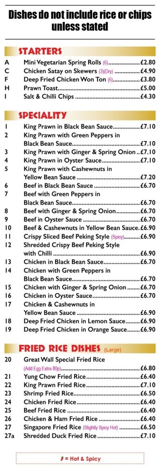 Menu of Great Wall, Chinese Takeaway in Caerphilly