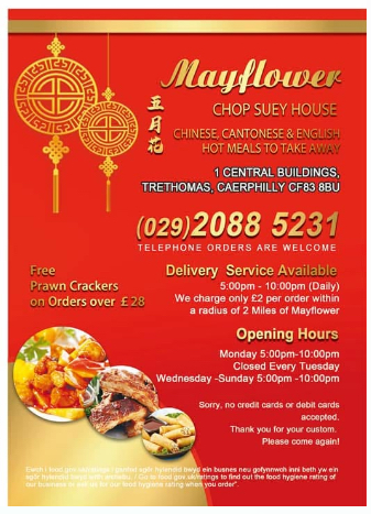 Menu of Mayflower, Chop Suey House,Trethomas, Caephilly