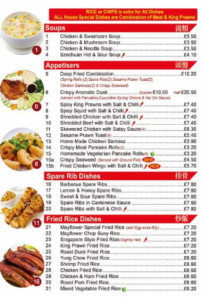 Menu of Mayflower, Chop Suey House,Trethomas, Caephilly